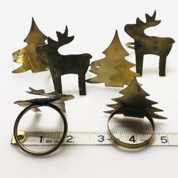 Vintage Napkin Ring Holders Brass Gold Tone Metal Rustic Tree Moose Set Of 6 - Picture 9 of 12